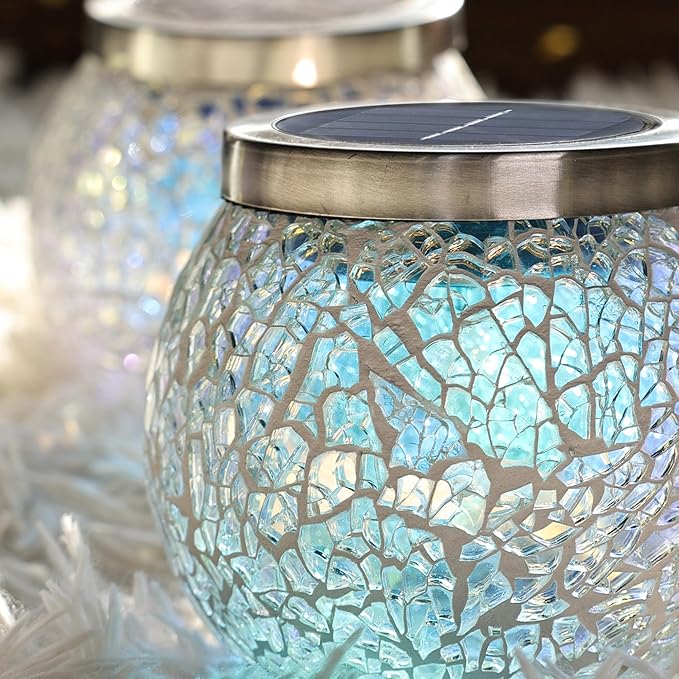 Cooo Gift for her him 4 Pack Heavy Solar Mosaic Crackle Glass Lights with Dual Solar Panels, Color-Changing RGB Lantern, Exclusive Dazzling Glass, Waterproof Outdoor Table Lamps Garden Lamp