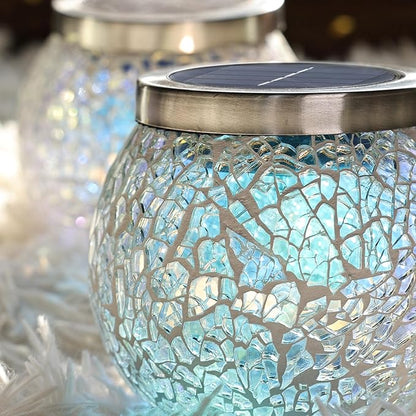 Cooo 2 Pack Gift for her him Heavy Solar Mosaic Crackle Glass Lights with Dual Solar Panels, Color-Changing RGB Lantern, Exclusive Dazzling Glass, Waterproof Outdoor Table Lamps Garden Lamp