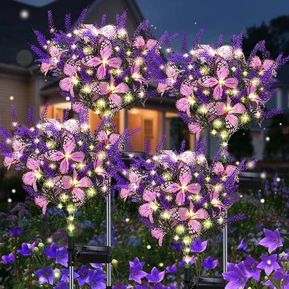 Solar Garden Lights Outdoor, 4 Pack Purple Lavender Solar Butterfly Lights Gardening Gifts for Women, Artificial Flower with Butterfly Purple Garden Decor for Lawn Patio-Warm White
