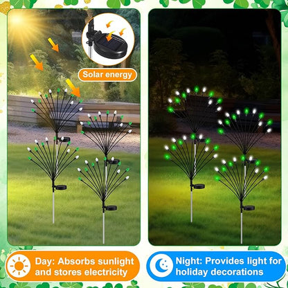 4 Pcs St Patricks Day Outdoor Decorations Solar Lights Waterproof Green 48 LED Swaying Pathway Firefly Stake Lights for Outside Yard Garden Lawn Decorations(Green White,Pine Cone)