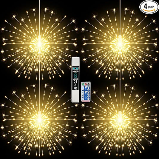 Firework Lights Waterproof Hanging, 200 LED Battery Operated Decorative String Lights Outdoor for Wedding, Party, Backyard, Patio Indoor Fairy Night Light for Home Decor, Bedroom Rechargeable, 4 Pack