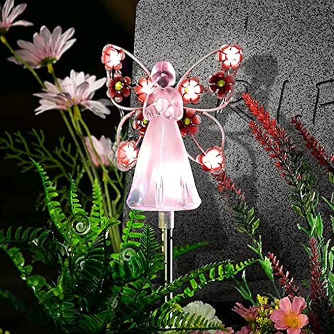 Solar Garden Lights 2pcs Fairy Garden Ornaments Outdoor Solar Pathway Lights, Flower Fairy Resin Figurine Lamp for Courtyard Lawn, Commemorate Gift (Color : Pink)