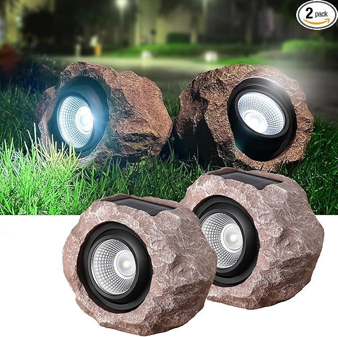 2 Pack Solar Rock Lights Outdoor, Angle Adjustable Solar Lights Outdoor Waterproof, LED Solar Garden Lights, Auto On/Off Landscape Lighting for Yard Pathway Patio Flower Bed - White Glow (Stone Brown)