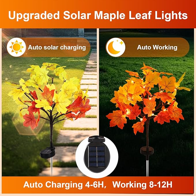 Fall Solar Lights Outdoor Decorative, 4Pack 80LED Solar Fall Lights Waterproof for Yard & Garden,Fall Outdoor Decorations for Yard, Maple Leaf Thanksgiving Halloween Christmas Grave Décor (4 Pack)