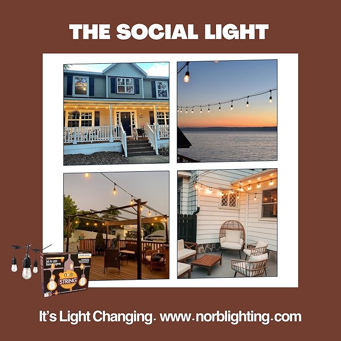NorbSTRING 50FT LED String Lights – Plug-in Outdoor Weatherproof Lights, Cozy Candle-Like Warm White Glow, Shatterproof Commercial-Grade Bulbs for Patio, Backyard, Deck & Events, Energy-Efficient