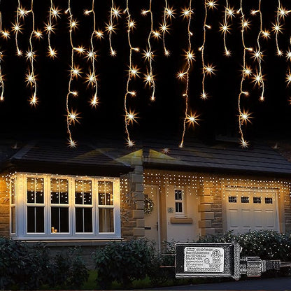 Dazzle Bright 360 LED Christmas Icicle Lights, 29.5 FT 8 Modes Curtain Fairy Lights with 60 Drops, Connectable Xmas String Lights for Outside Holiday Wedding Party Decorations (Warm White)