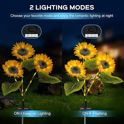 3 Pack Solar Garden Lights Outdoor, 2 Lighting Modes Warm White LED Waterproof Solar Powered Sun Flowers Landscape Light for Outside Yard, Patio, Pathway Decorative, Décor, Gifts