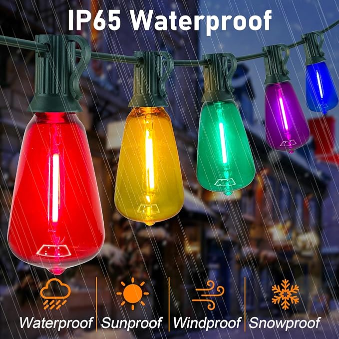 ST38 Multicolor Outside String Lights, 50FT Christmas Patio String Lights with 27 Multicolor Shatterproof LED Bulbs(2 Spare), Outside Hanging Lights for Outside Bistro Christmas Party Decorations