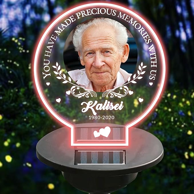 Personalized Memorial Garden Solar Outdoor Lights with Photo Name Custom Grave Decor Solar Lights for Sympathy Gifts for Loss of Loved One in Loving Memory Memorial Gift (A-Round -2)