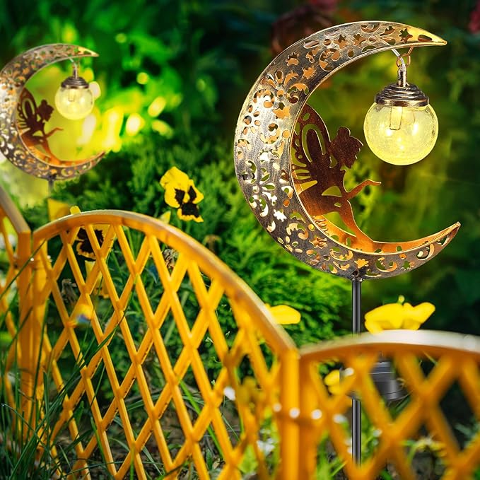 Solar Garden Lights, Moon Fairy Crackle Glass Stake Lights, Waterproof Warm White LED Metal Stake Decorative Lights, Outdoor Pathway Light, Solar Powered Garden Decorations for Walkway Lawn Patio Yard