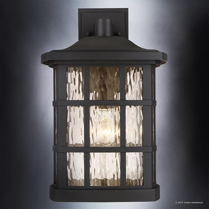 Urban Ambiance Luxury Craftsman Outdoor Wall Light, Medium Size: 17" H x 11" W, with Tudor Style Elements, Highly-Detailed Design, High-End Black Silk Finish and Water Glass, UQL1236