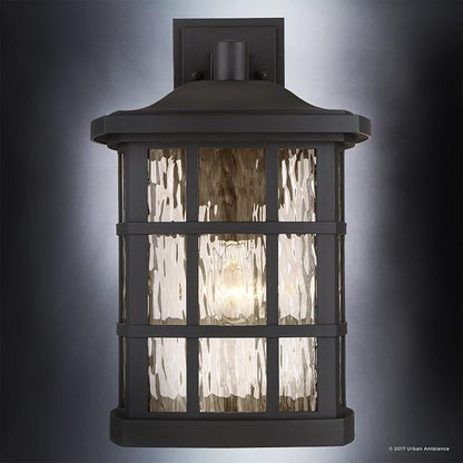 Urban Ambiance Luxury Craftsman Outdoor Wall Light, Medium Size: 17" H x 11" W, with Tudor Style Elements, Highly-Detailed Design, High-End Black Silk Finish and Water Glass, UQL1236