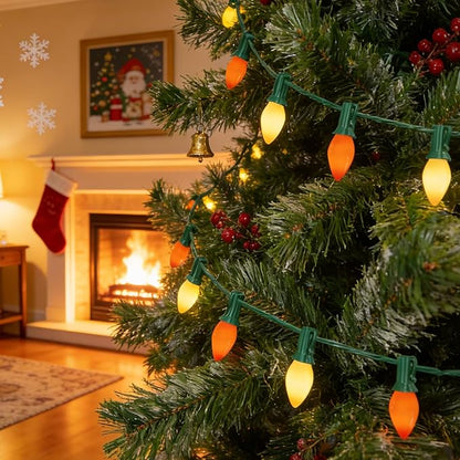 25Ft Multicolor Chritsmas Lights Outdoor, C7 Vintage String Lights with 27 Red White Ceramic Incandescent Bulbs, Hanging Patio Lights for Porch Roofline Christmas Tree Garden Pathway Indoor Decor