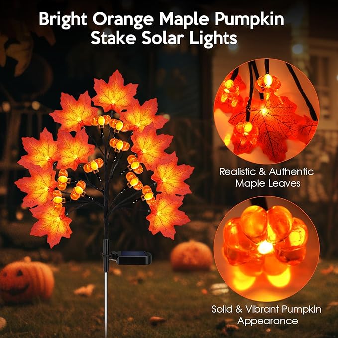 Fall Solar Lights Outdoor, Solar Powered Fall Stake Lights with 20 Maple Leaf and 20 Pumpkin for Yard, Patio, Lawn, Garden, House, Home Outside Thanksgiving Harvest Decorations(2 Pack)