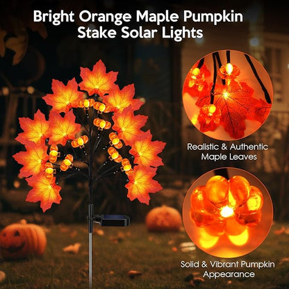 Fall Solar Lights Outdoor, Solar Powered Fall Stake Lights with 20 Maple Leaf and 20 Pumpkin for Yard, Patio, Lawn, Garden, House, Home Outside Thanksgiving Harvest Decorations(2 Pack)