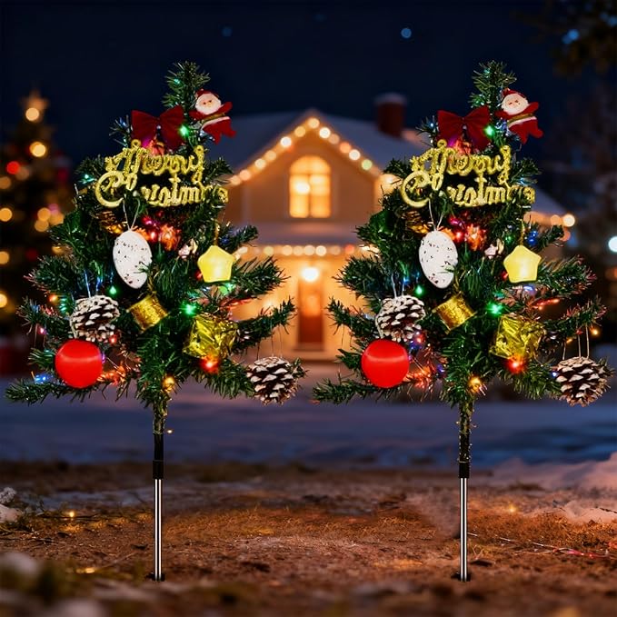 2pcs Solar Christmas Tree Lights Outdoor Decoration, Waterproof Solar Xmas Tree with Flashing LED Lights, for Yard Front Porch Pathway Grave Cemetery Decor