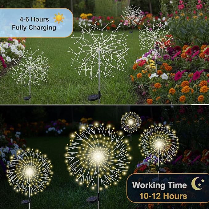 210LED Solar Firework Lights, 4Pack Outdoor Solar Garden Lights Decorative with 8 Modes, Waterproof Fairy Starburst Light for Outside Yard, Pathway, Party, Garden Decor, Warm White