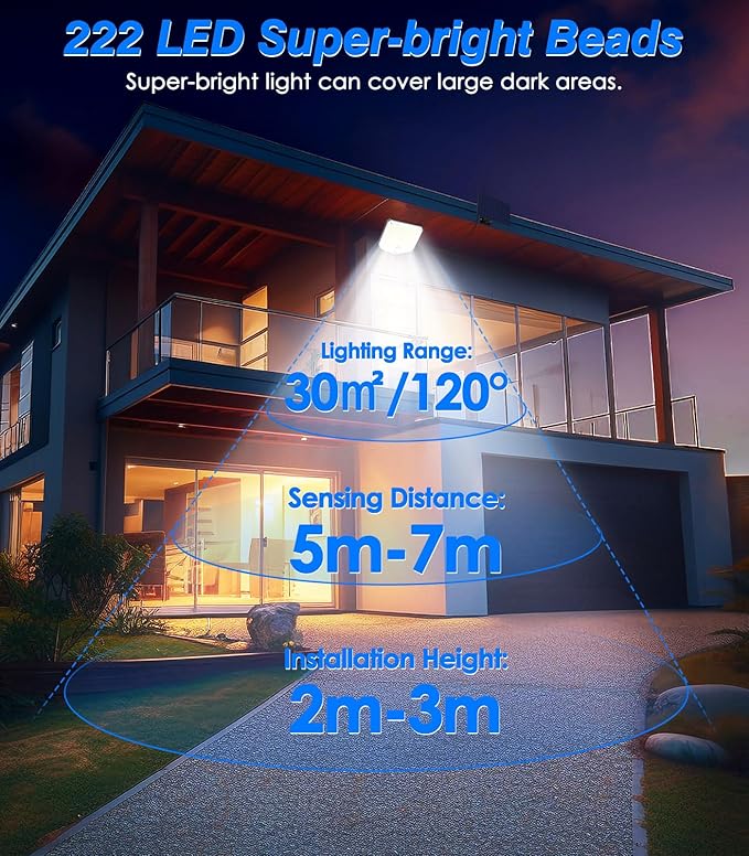 MoKo Motion Sensor Outdoor Lights - 222 LED Super Bright Solar Lights Outdoor with Remote Control & 16.4 Ft Cable 3000mah Waterproof Flood Lights Outdoor for Wall Patio Yard Garage Garden, 3 Pack