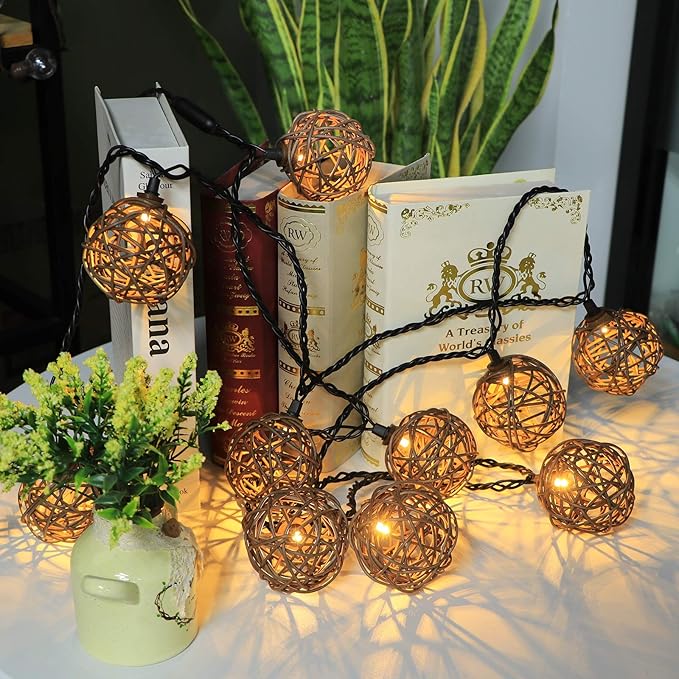 Vigdur Rattan Ball String Lights, Boho Lantern String Lights with 10 Led Bulbs Connectable, Indoor Outdoor String Light for Bedroom Wedding Garden Party Backyard Decor, 9.84FT