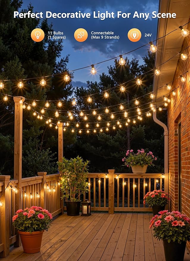 Brightown Outdoor String Lights, 37FT Shatterproof LED Patio Lights with 11 Dimmable Plastic G40 Bulbs, 2700K | Lumora
