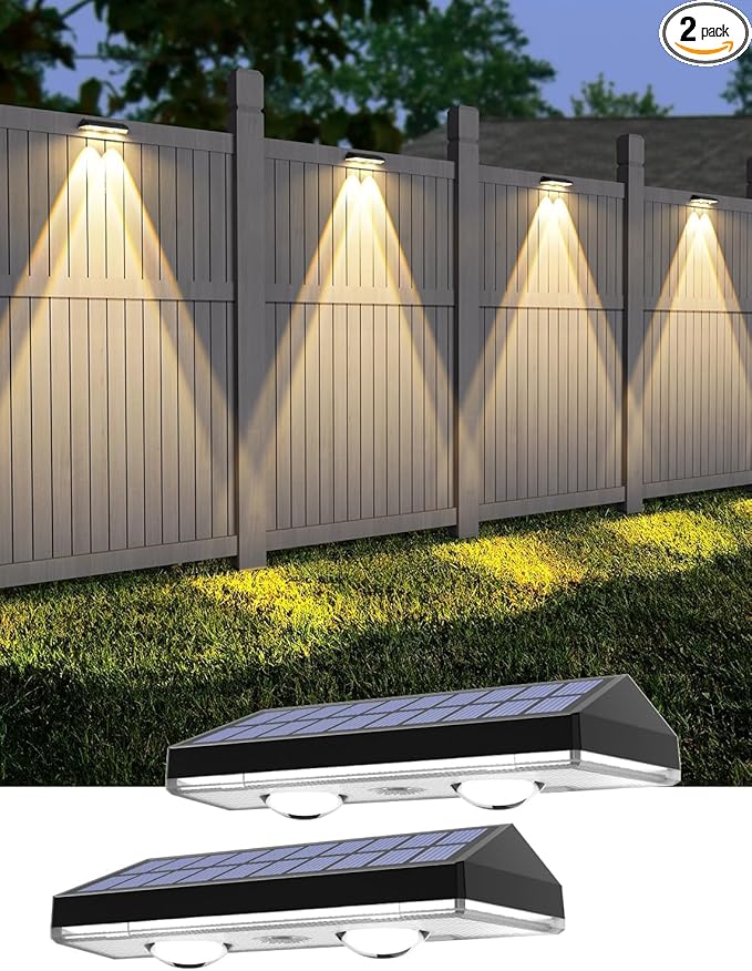Solar Fence Lights,RGB & Warm White & 6 Colors Lens LED Dusk to Dawn Deck Light Outdoor Waterproof, Solar Outdoor Lights for Backyard/Railing/Wall/Step/Patio/Pool Set of 2