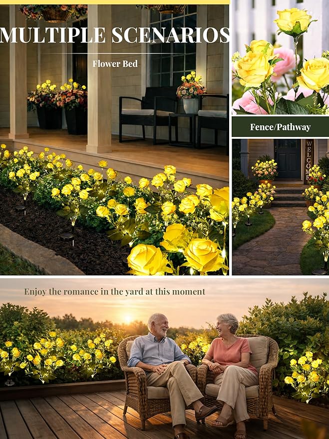 GIGALUMI Solar Lights Outdoor for Garden Decor, 4 Pack Solar Flower Lights Waterproof, 2 Lighting Modes 28 Rose Flowers for Pathway,Yard, Patio Decoration, Gardening Gifts for Women (Yellow)