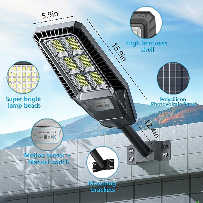 Solar Street Lights 300 W 2 Packs LED Solar Street Lights Outdoor IP66 Waterproof 30000 LM 6500 K Outdoor Street Light Dusk to Dawn Solar Power Lights with Motion Sensor and Remote Control for Path