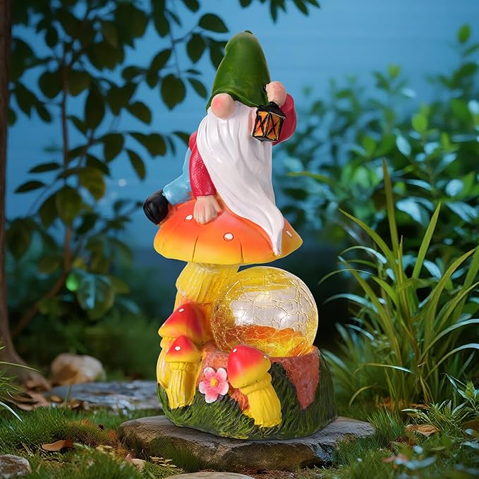 Garden Gnomes Outdoor Statues with Light, Spring Gnomes Decorations for Yard, Solar Garden Gnome with Mushroom Decor, Lawn Ornaments for Patio, Balcony Housewarming- Unique Women Gifts