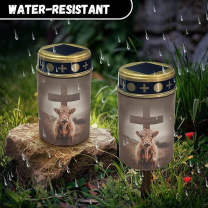 Cute Highland Cow Cross Lights for Grave Lamp Waterproof Cemetery Solar Lights for Grave Patio Yard Decoration
