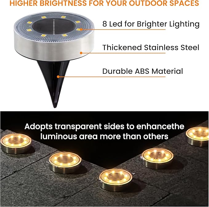 Siatom Stainless Steel Solar Ground Lights 8 Pack, IP68 Waterproof Solar In-Ground Light for Outdoor, Flat | Lumora