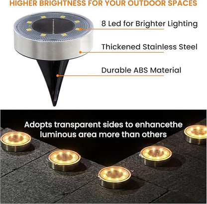 Siatom Stainless Steel Solar Ground Lights 8 Pack, IP68 Waterproof Solar In-Ground Light for Outdoor, Flat Landscape Lighting, Garden Disc Light for Pathway, Walkway, and Yard - 8 Pcs (Warm White)
