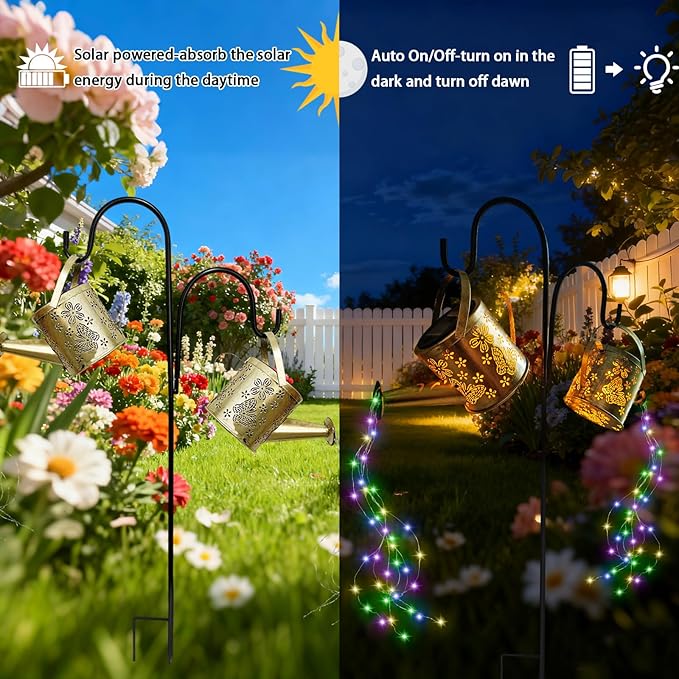 DDQ Solar Watering Can Lights, Warm White/Color LED with Shepherd Hook, IP65 Waterproof Metal Garden Decor, Auto | Lumora