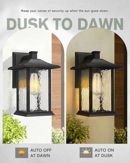 Beionxii Outdoor Light Fixture, 14 inch Dusk to Dawn Exterior Wall Mount Lantern Outside Lights for House Patio, Black Cast Aluminum w/Water Glass - A272W-1PK