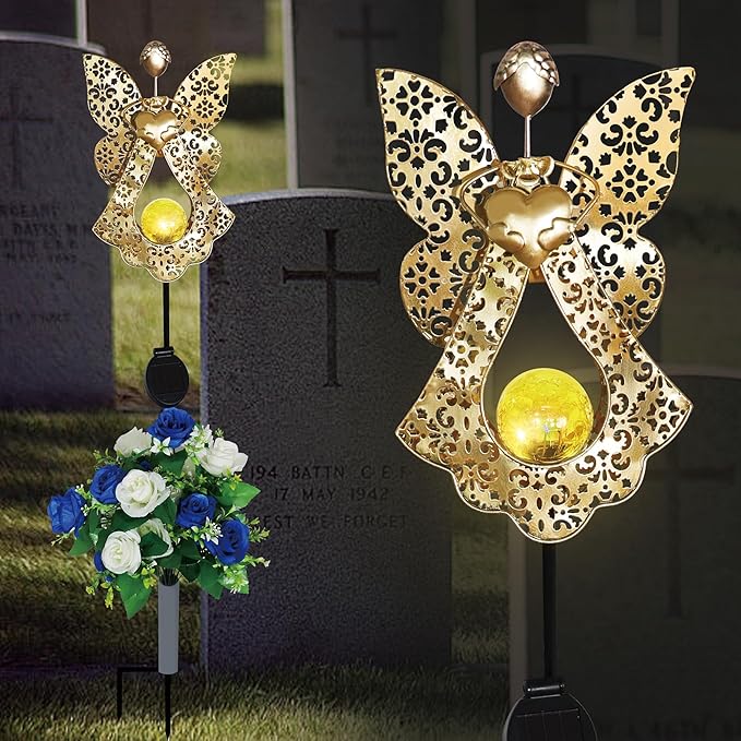 Memorial Solar Lights for Grave with Flowers Decorations Eternal Lighted Angels for Outdoor Cemetery Angel Garden Stake Memorial Gifts for Gravesite