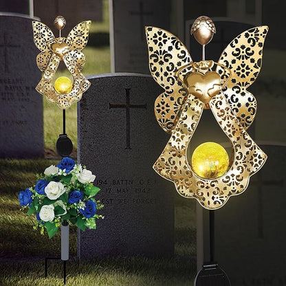 Memorial Solar Lights for Grave with Flowers Decorations Eternal Lighted Angels for Outdoor Cemetery Angel Garden Stake Memorial Gifts for Gravesite