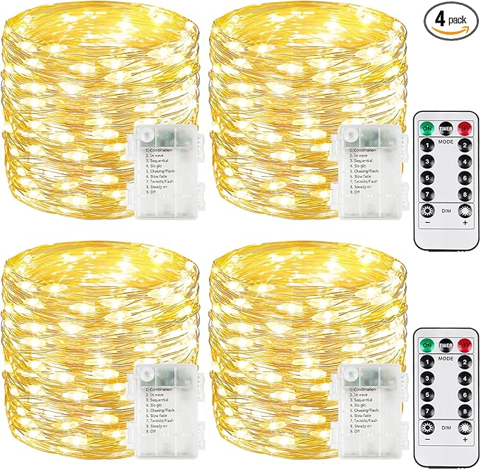 4 Pack Christmas Fairy Lights Battery Operated with Remote, Each 33FT 100LED Waterproof Twinkle Lights with Timer | Lumora
