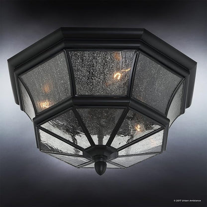 Urban Ambiance Luxury Colonial Outdoor Ceiling Light, Medium Size: 8" H x 15.25" W, with Tudor Style Elements, Versatile Design, High-End Black Silk Finish and Beveled Glass, UQL1155