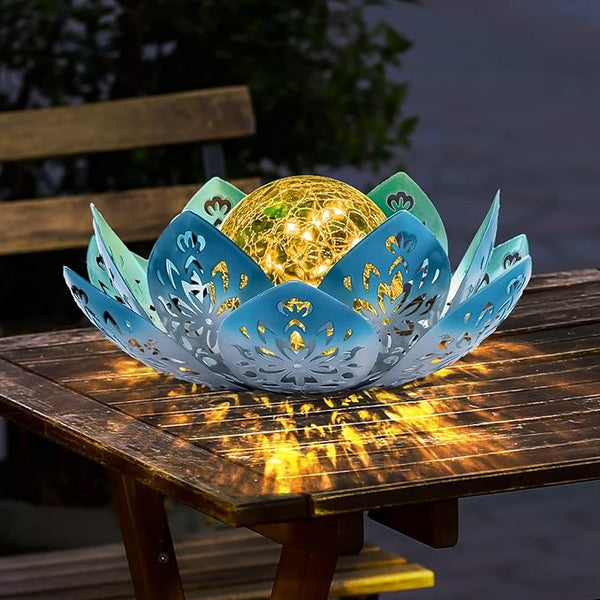 Huaxu Solar Lights Outdoor Decorative - Bright Blue Lotus Flower Table Lamp, Glass Globe 30 LED Waterproof Metal | Lumora