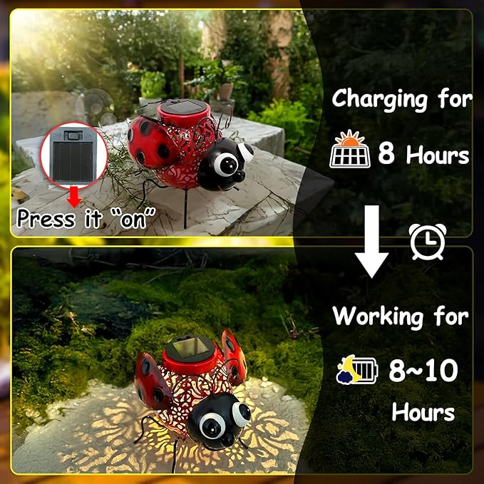9.8" Ladybug Solar Powered Metal Sculpture - LED Figurine Night Garden Light, Ladybug Solar Light Metal Statue, Yard Art, Patio Accent,Outdoor Lawn Solar Decor, Landscape Path Light Ornament