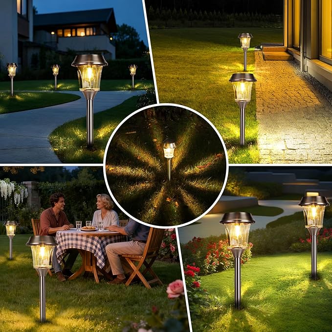 Solar Pathway Lights Outdoor Waterproof, 4 Pack Glass & Stainless Steel Landscape Lighting, Dual Brightness 12/25 Lumens Warm White, Auto On/Off IP65 Solar Powered LED Lights for Yard, Porch, Garden