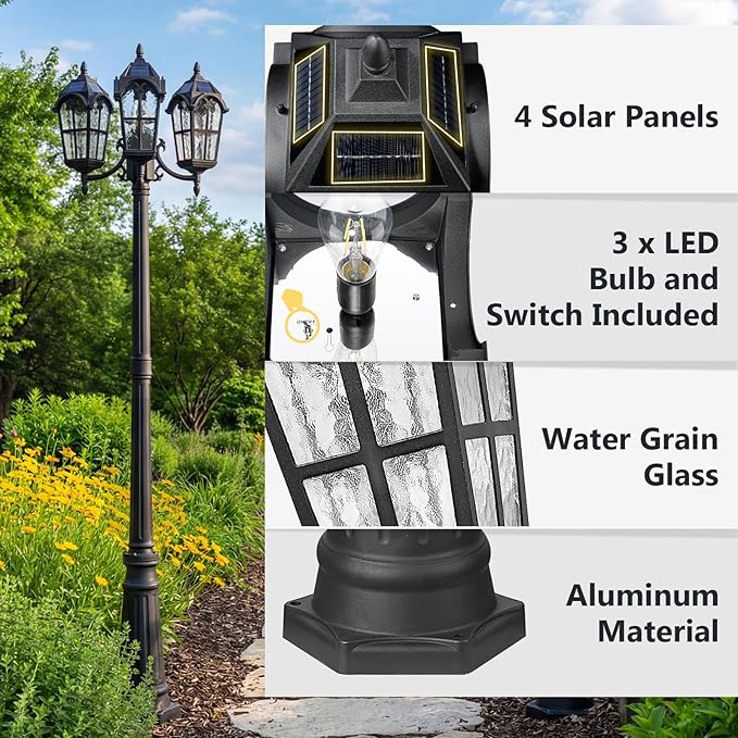 Emliviar 82.7" 3-Head Outdoor Solar Lamp Street Lights, Dusk to Dawn Post Lighting for Driveway Garden, LED | Lumora