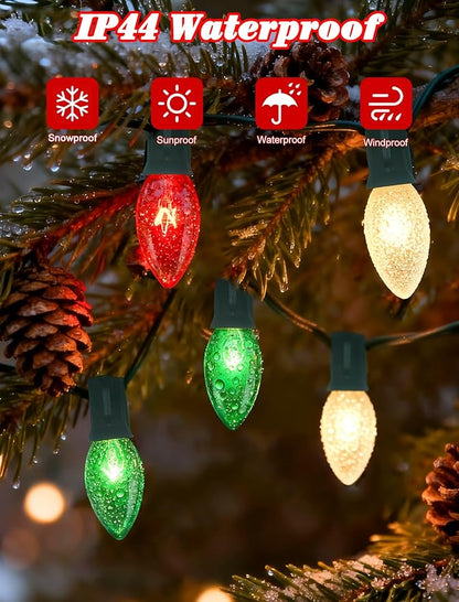 25Ft Christmas Lights Outdoor, C9 Multicolor Christmas Lights with 26 Red Green & White Incandescent Bulbs, Vintage String Lights for Holiday, Xmas, Roofline, Wedding- Green Wire