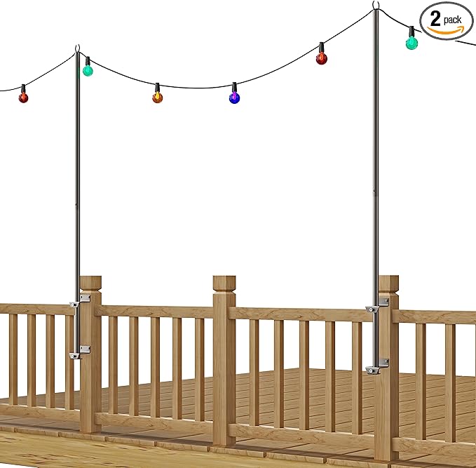 2 Pack 6.5 FT Stainless Steel String Lights Pole Bracket/Holder for Deck Railing Wood Posts, Black | Lumora