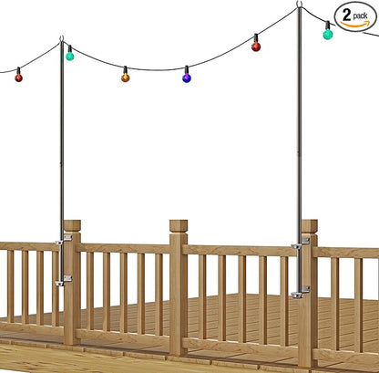 2 Pack 6.5 FT Stainless Steel String Lights Pole Bracket/Holder for Deck Railing Wood Posts, Black