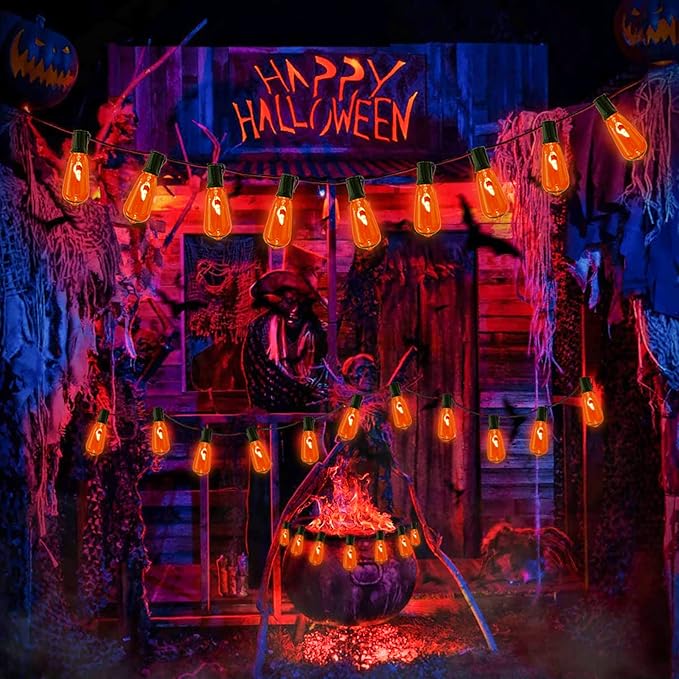 Halloween Flicker Flame String Lights Outdoor, 10Ft Halloween Decorations Lights with 10 ST40 Edison Orange Flame Bulbs, Outdoor Orange Lights for Patio Party, Black Wire