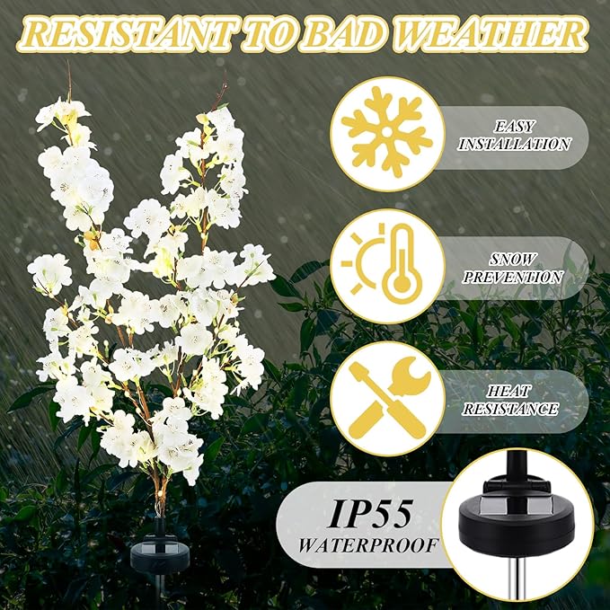 VIHOSE 2 Pack Spring Flowers Solar Stake Lights Outdoor Decor Waterproof Artificial Cherry Solar Lights for Outdoor Garden Yard Pathway Home Wedding Decor