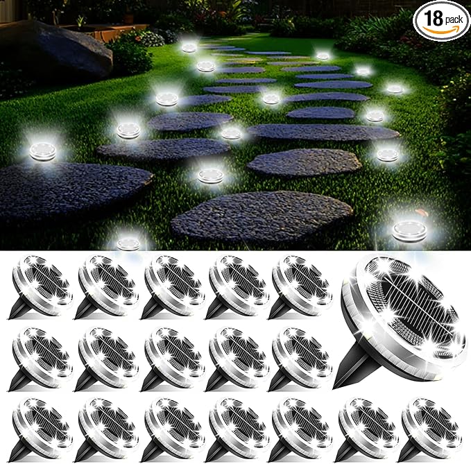 Solar Ground Lights Outdoor 18 Pack Waterproof, Upgraded Solar Garden Lights with 4 Side Light, Stainless Steel | Lumora