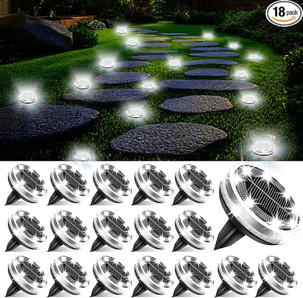Solar Ground Lights Outdoor 18 Pack Waterproof, Upgraded Solar Garden Lights with 4 Side Light, Stainless Steel | Lumora