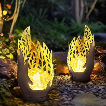 Huaxu Solar Lights Outdoor Decor Waterproof Metal Cracked Glass Globe with Copper Flame Effect, Table Decorations LED Lamp Gift for Garden Lovers Mom Women Patio Lawn Yard Pathway Outside
