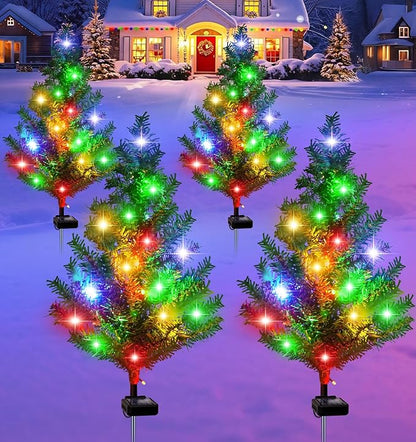 Solar Christmas Tree 4 Pack Garden Stake Light Waterproof Outdoor Christmas Decorations,2 Modes Solar Xmas Christmas Lights for Yard Front Porch Pathway Grave Garden Decor